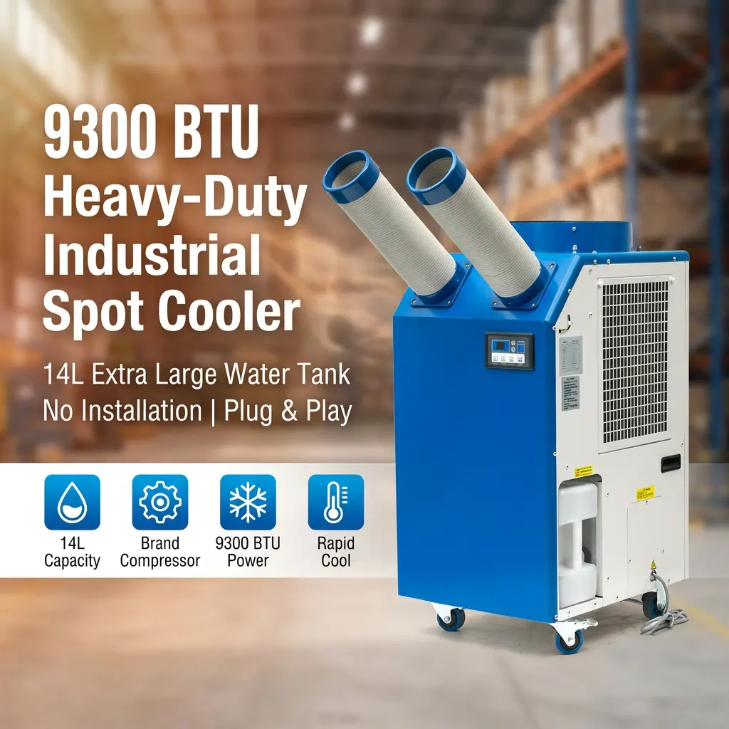 OEM 14L 大​​型タンク 2700 ワット電力 9300BTU ロータリーコンプレッサーポータブルスポットクーラー産業用エアコンワークショップ用